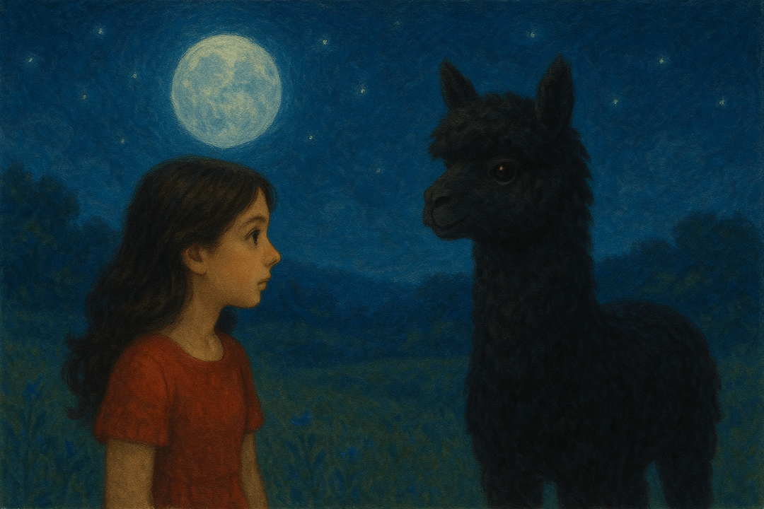 고요한 밤빛 속에서 검은 알파카가 서 있는 상징적 장면