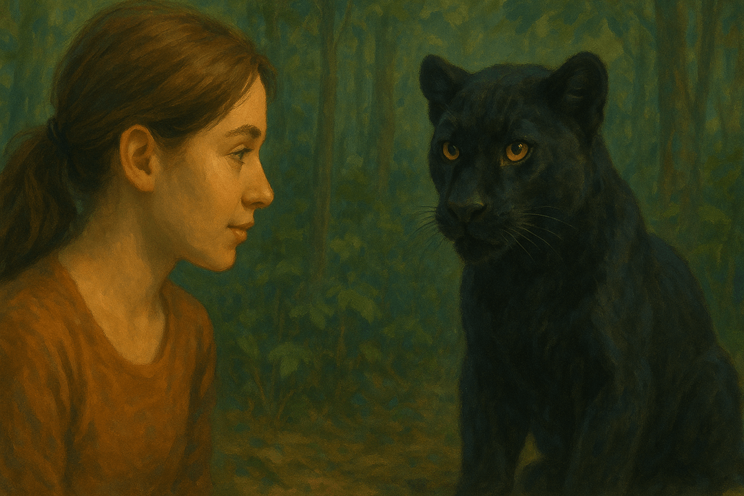 어둠 속에서 빛나는 눈으로 등장한 검은 재규어의 상징적인 장면