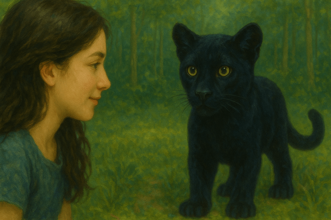 어둠 속에서 빛나는 눈으로 응시하는 검은 퓨마의 상징적 이미지