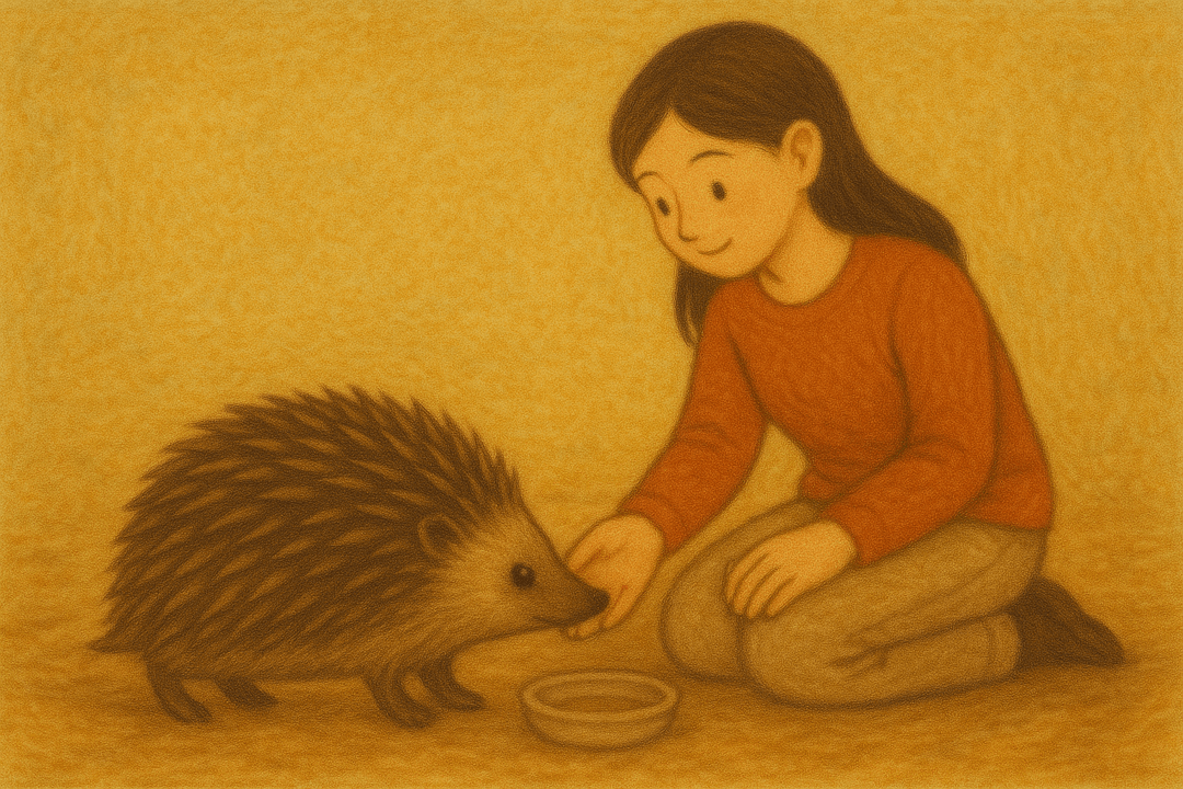 사람이 조심스럽게 고슴도치를 돌보며 키우는 따뜻한 장면