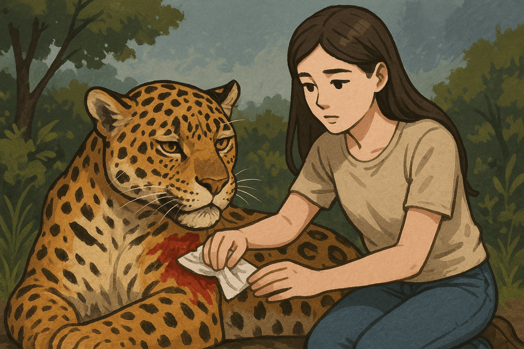 상처 입은 재규어를 돌보는 상징적 장면