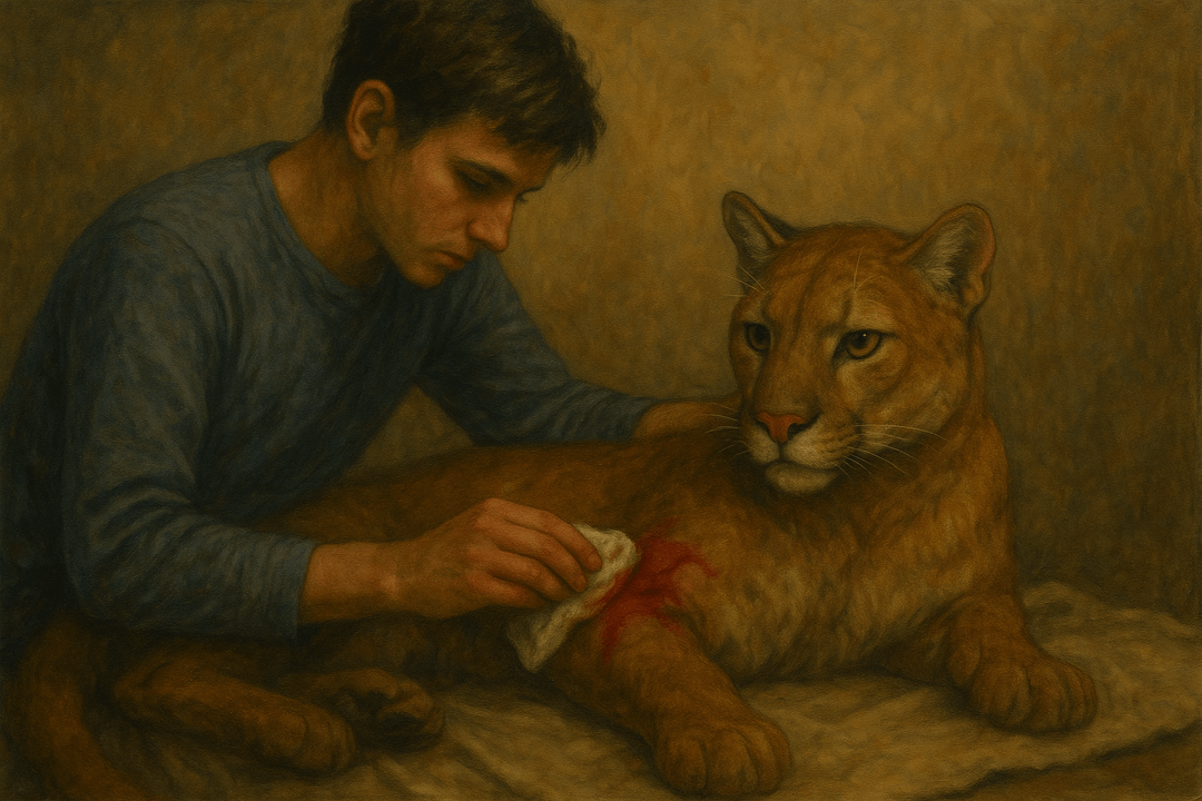 상처 입은 퓨마를 돌보며 위로하는 상징적인 장면