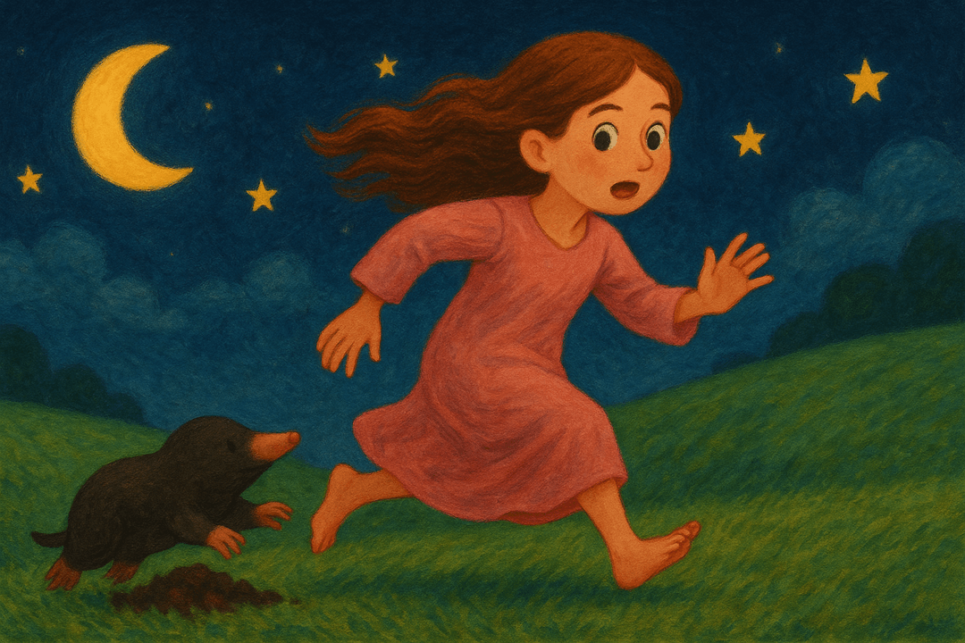 작은 두더지가 사람의 뒤를 졸졸 따라오는 상징적인 장면