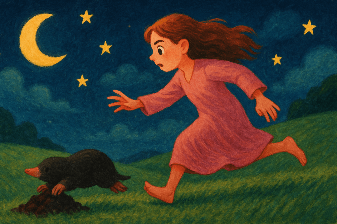 사람이 두더지를 따라 달려가는 상징적인 장면