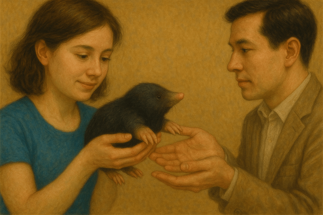 사람이 두더지를 타인에게 건네는 상징적인 장면