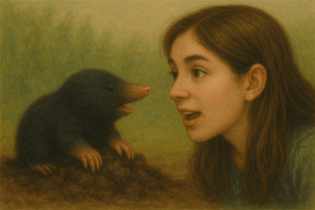 사람이 두더지와 마주 앉아 대화하는 상징적인 장면