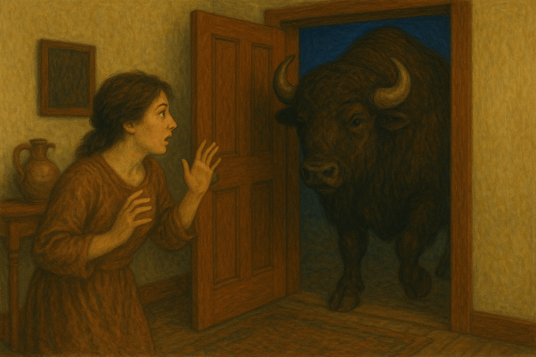 들소가 집 안으로 들어오는 상징적인 장면