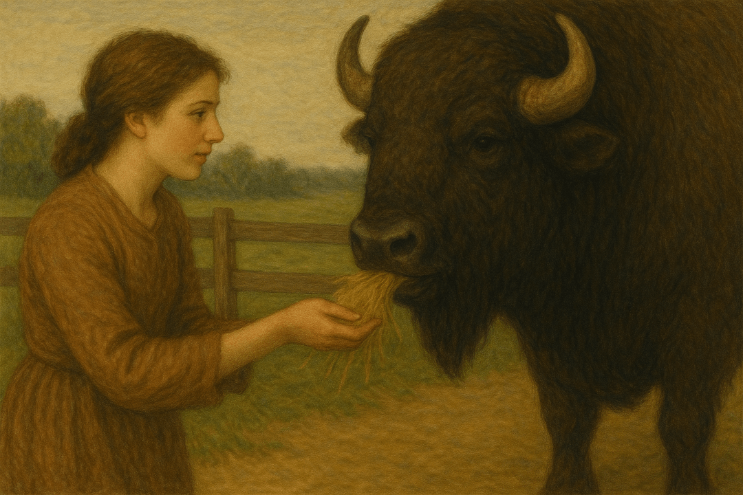 사람이 들소에게 먹이를 주는 상징적인 장면