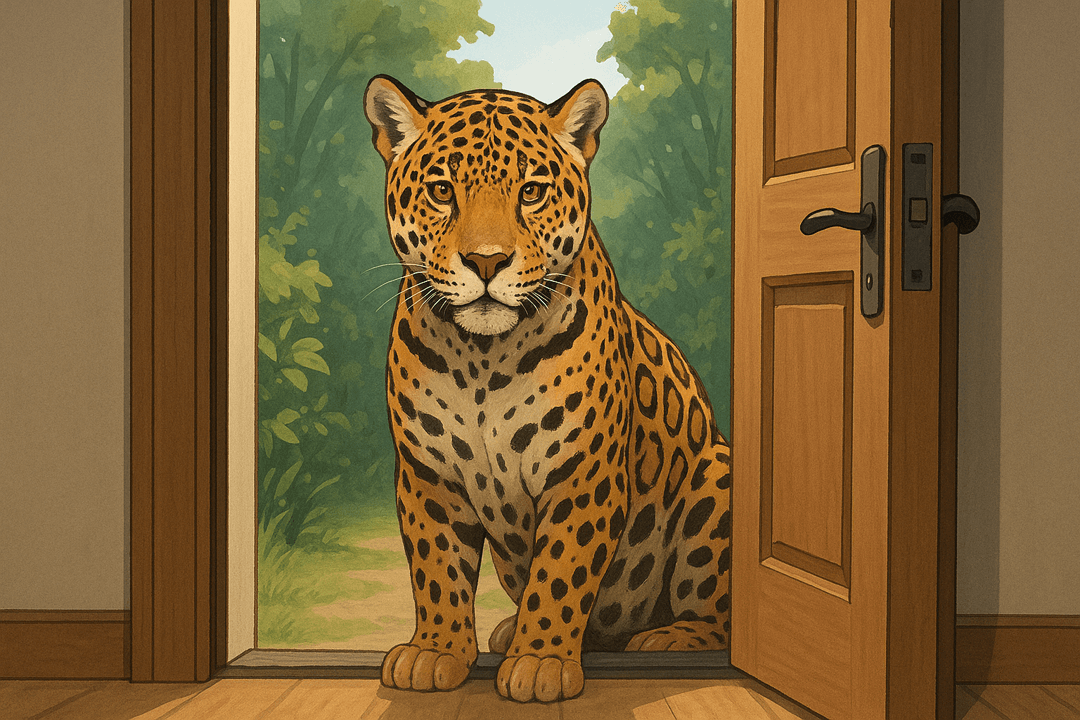 문 앞에 서 있는 재규어의 상징적인 장면