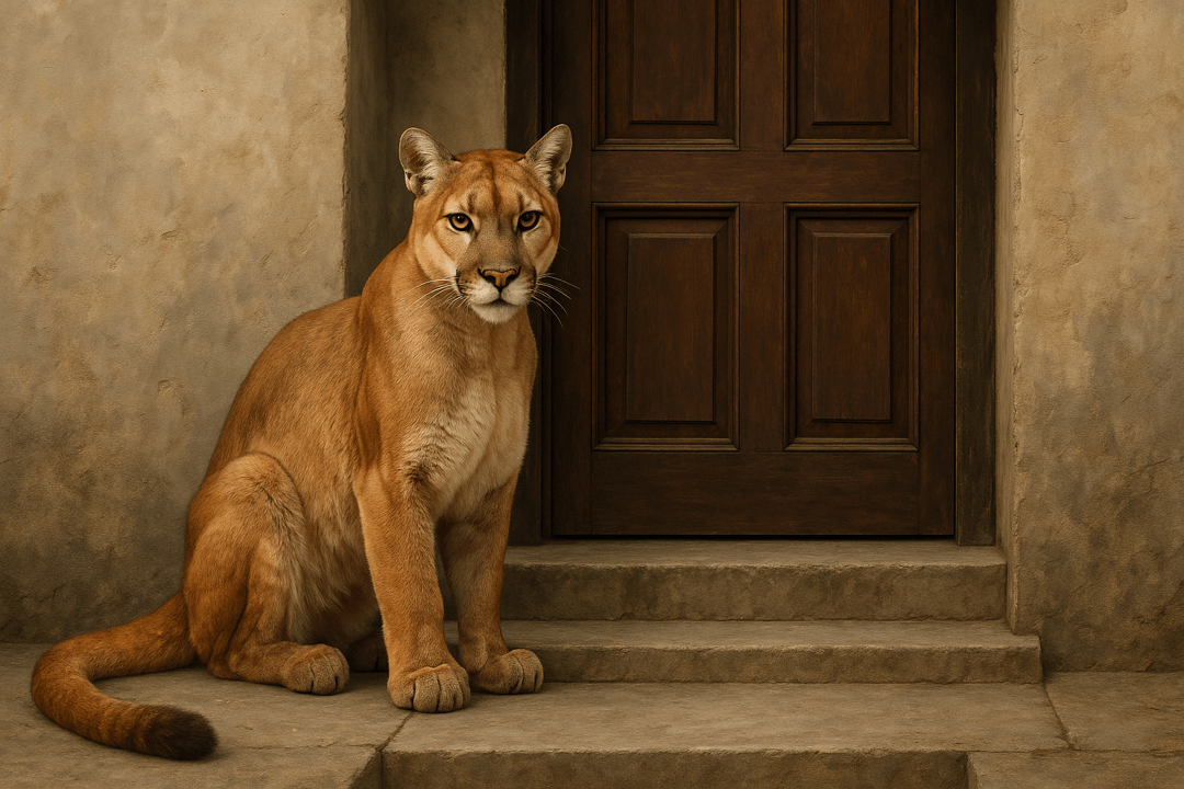 집 문 앞에 퓨마가 조용히 서 있는 상징적인 장면