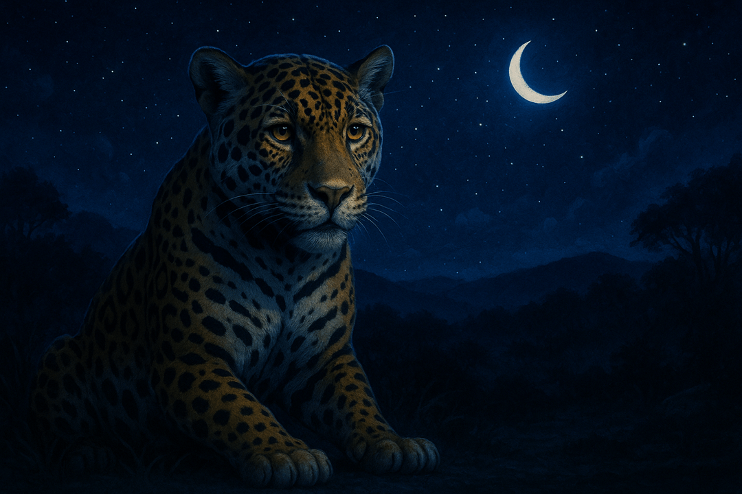 밤의 어둠 속에서 재규어를 바라보는 상징적 장면