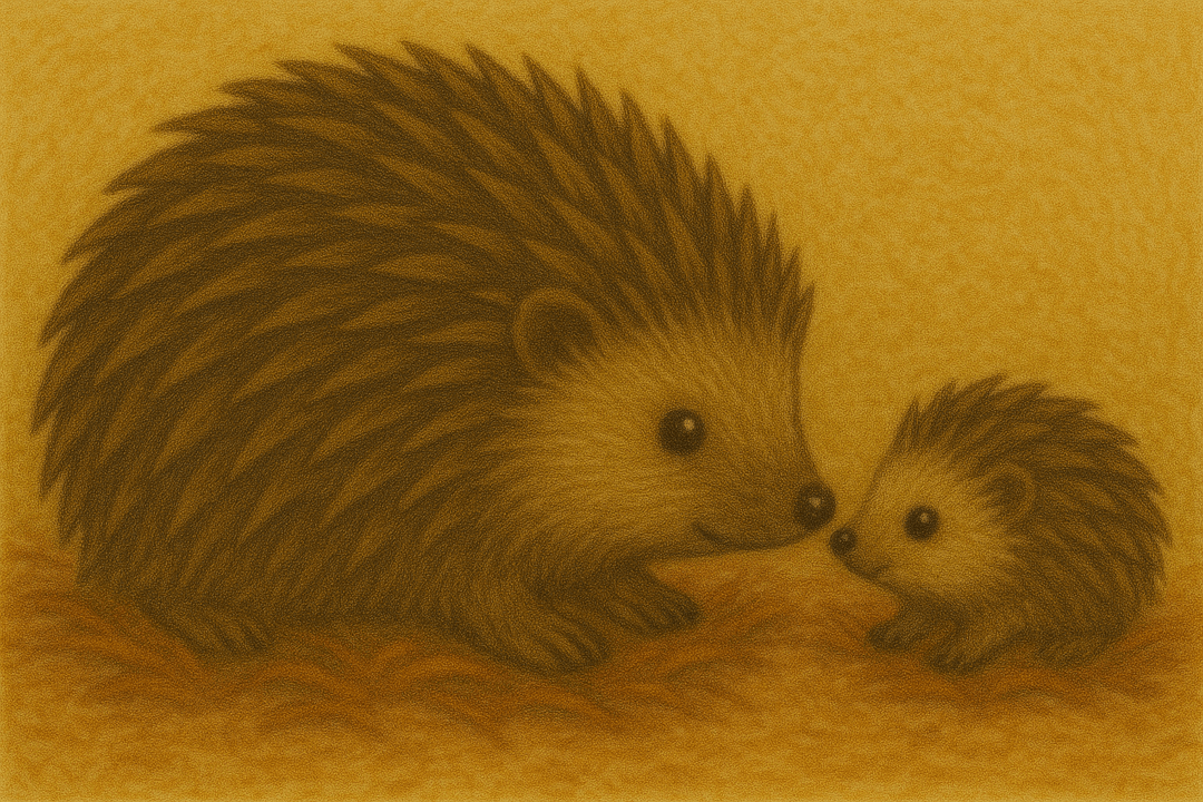 사람이 새끼 고슴도치를 다정하게 바라보는 상징적인 장면