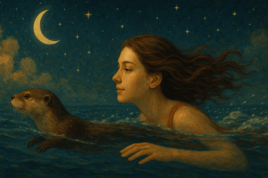 수달과 함께 수영하는 평화로운 장면의 상징적인 이미지