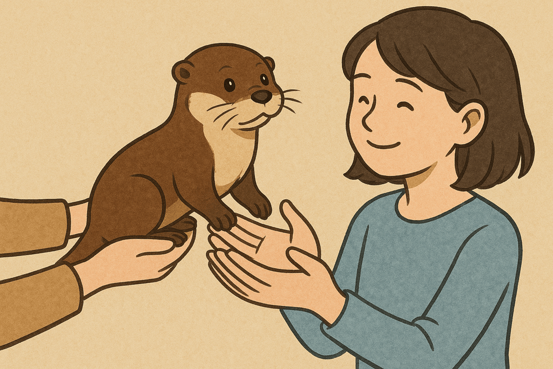 사람이 수달을 받는 따뜻한 상징적 장면