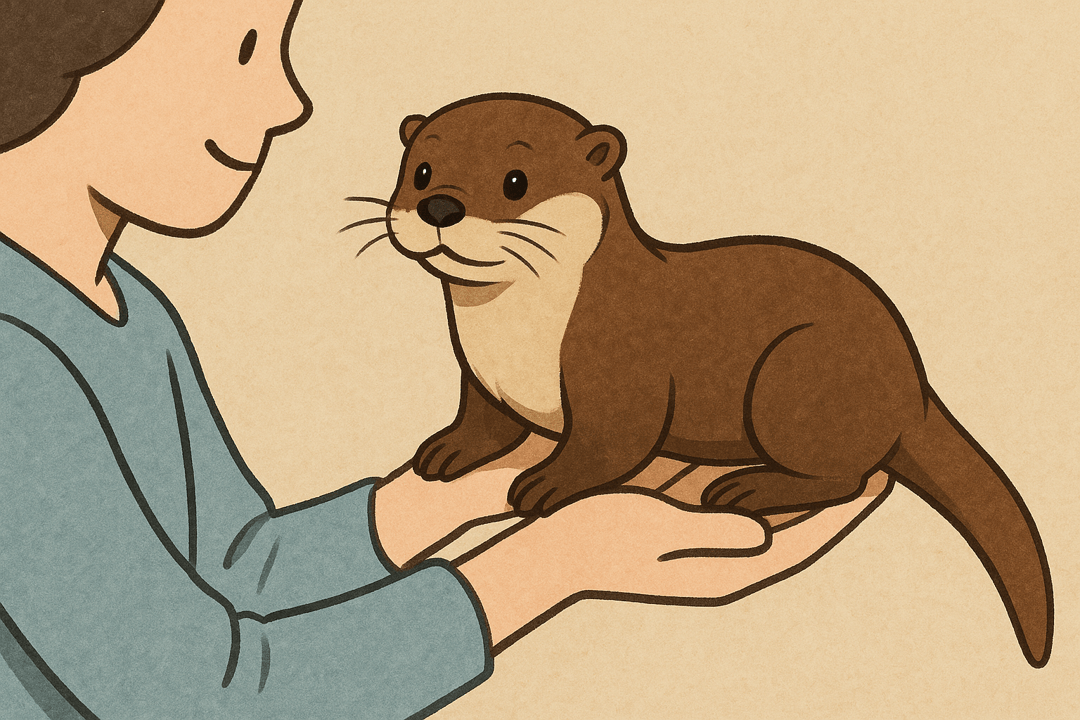 사람이 수달을 다른 사람에게 건네는 상징적인 장면