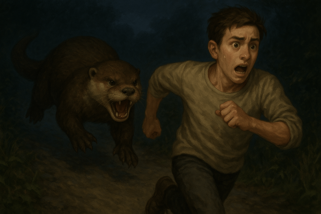 사람을 쫓는 수달의 상징적인 장면