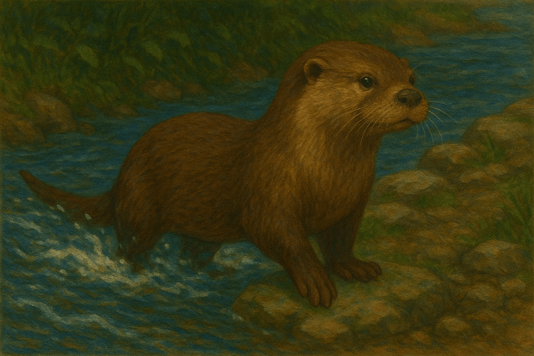 물속에서 육지로 올라오는 수달의 상징적인 장면