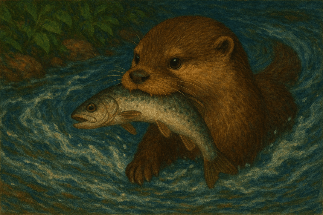 맑은 물속에서 물고기를 잡는 수달의 상징적인 모습