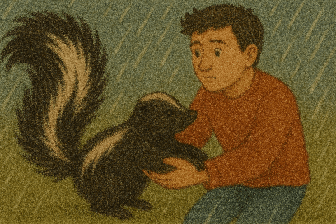 사람이 다친 스컹크를 구해주는 상징적인 꿈 장면