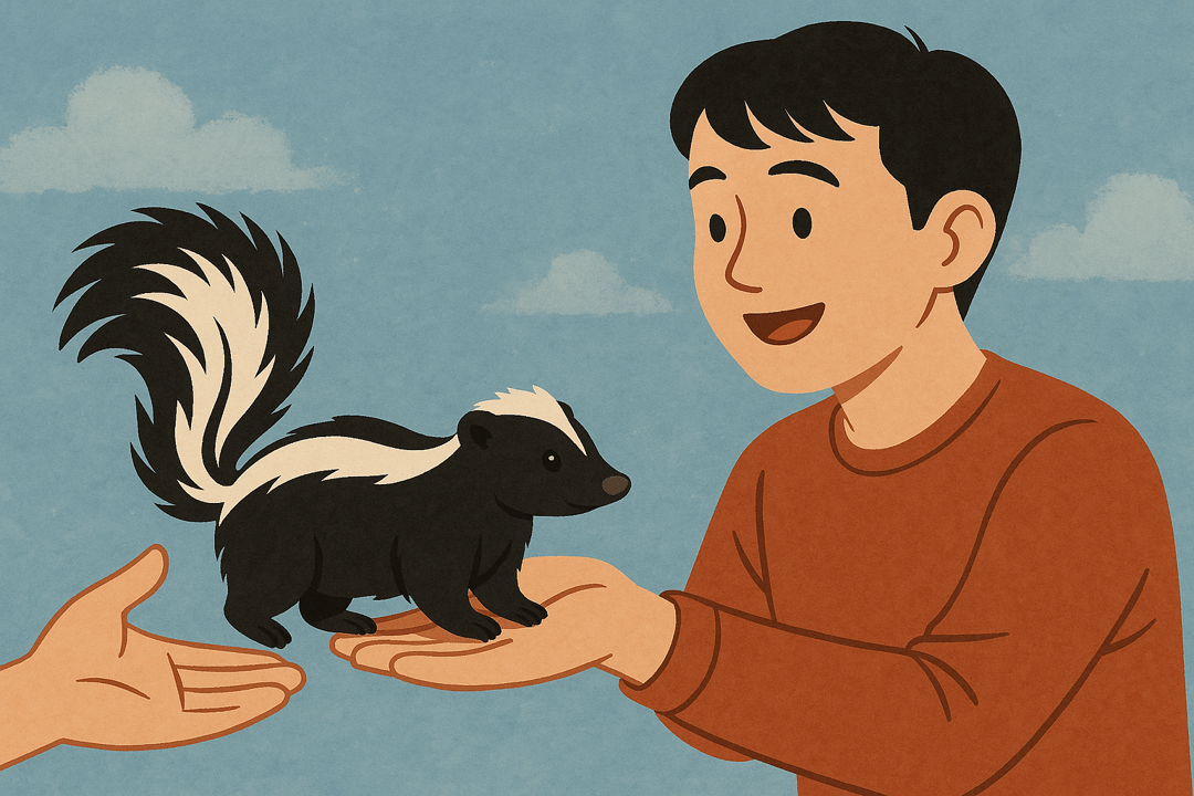 사람이 스컹크를 다른 사람에게 건네는 상징적인 꿈 장면