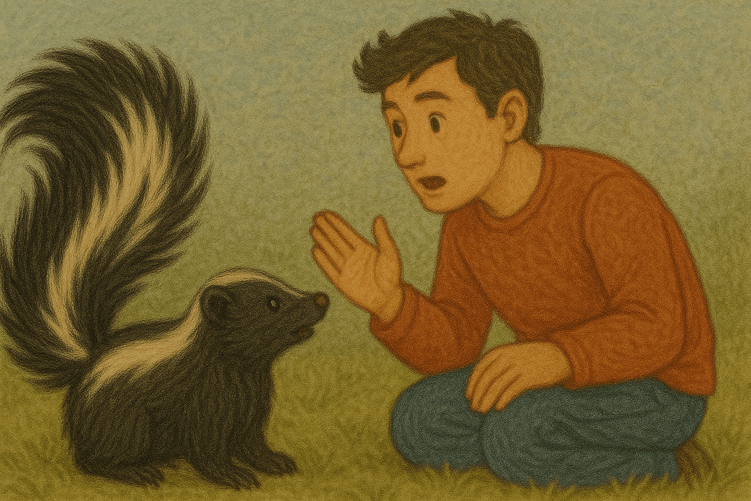 사람과 스컹크가 서로 마주 앉아 대화하는 상징적인 꿈 장면