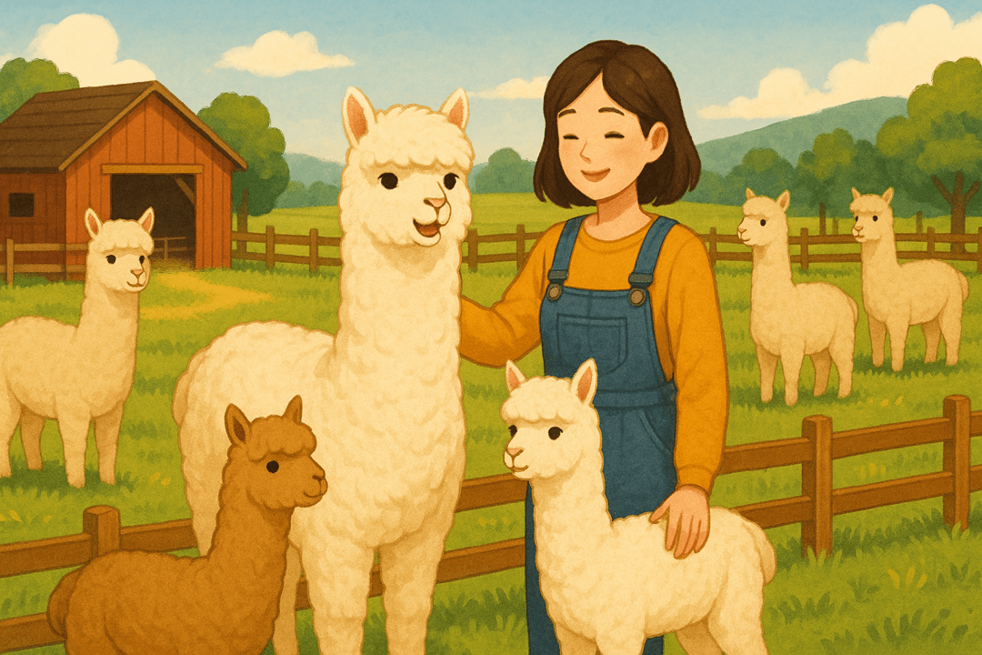 푸른 초원 위 알파카들이 평화롭게 있는 농장의 상징적 장면