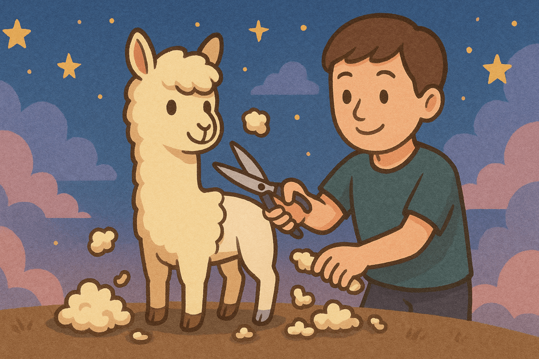 알파카 털을 부드럽게 깎는 상징적 장면