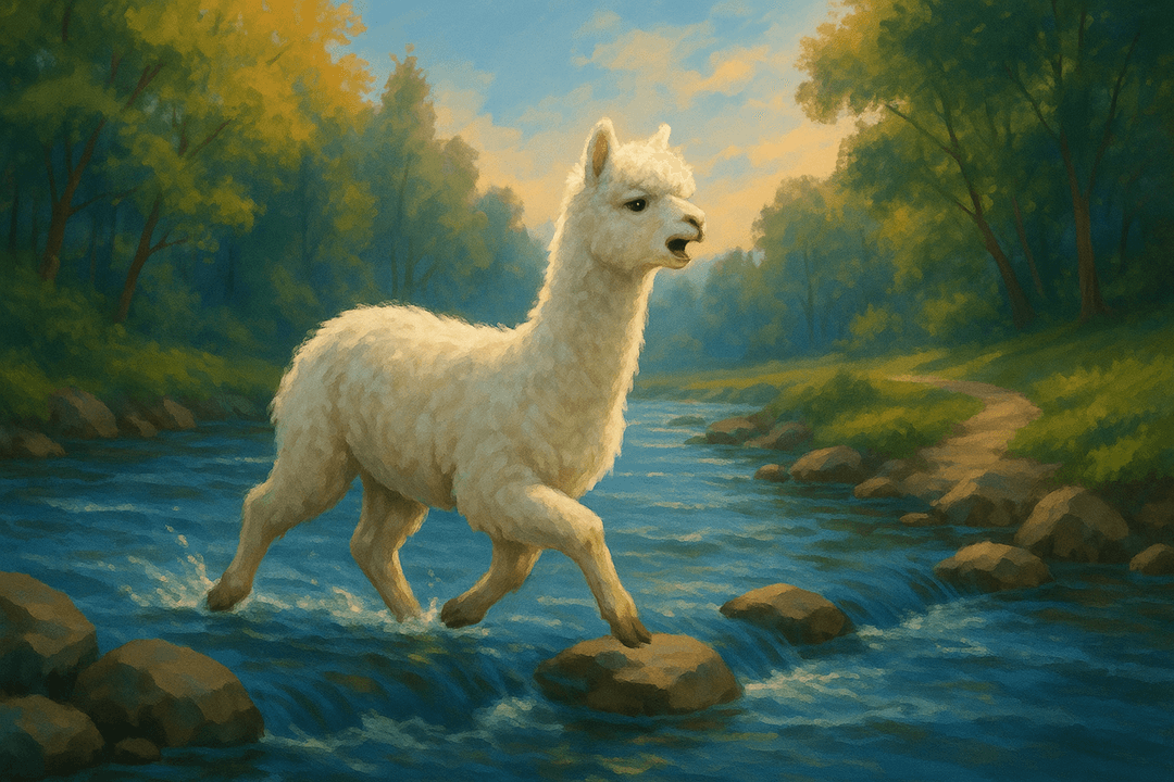 잔잔한 강을 건너는 알파카의 상징적 장면