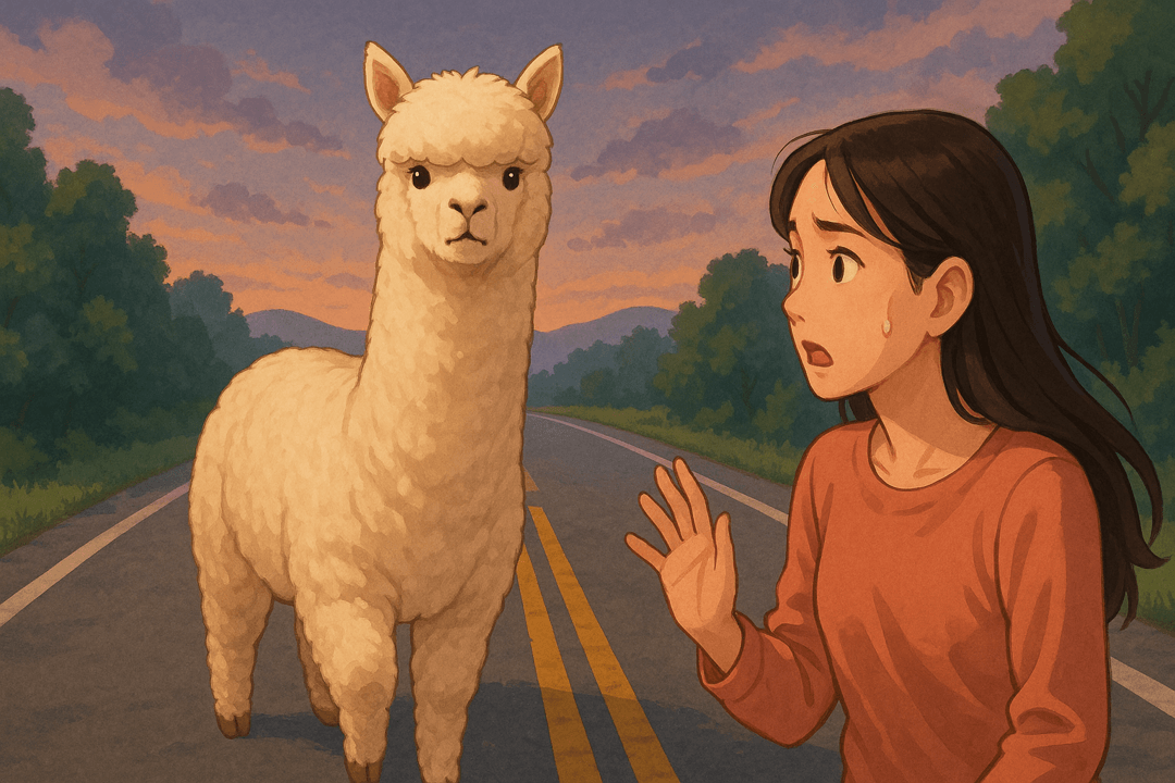 길 위에서 알파카가 평온하게 서서 길을 막고 있는 상징적인 장면