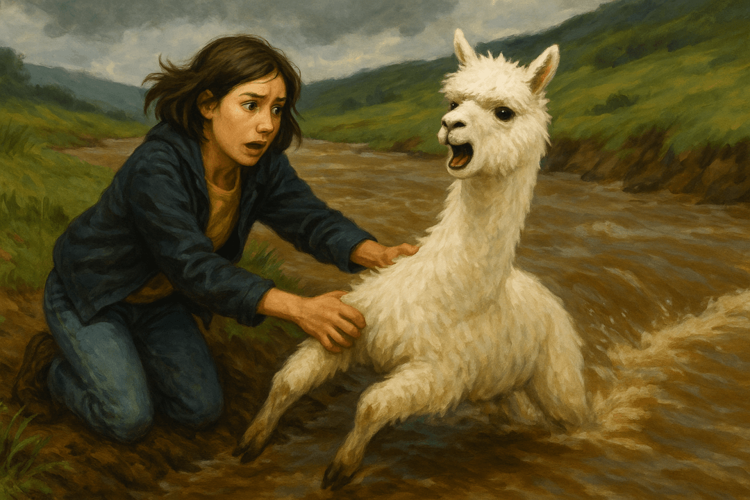 사람이 위험한 상황에서 알파카를 구해주는 상징적인 장면