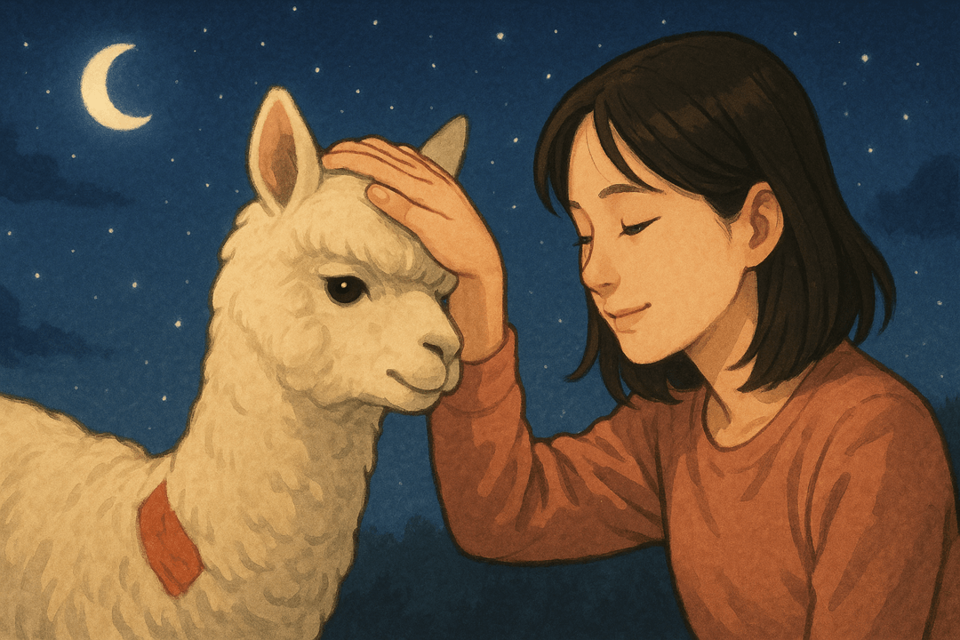 사람이 알파카를 다정하게 쓰다듬는 평화로운 장면