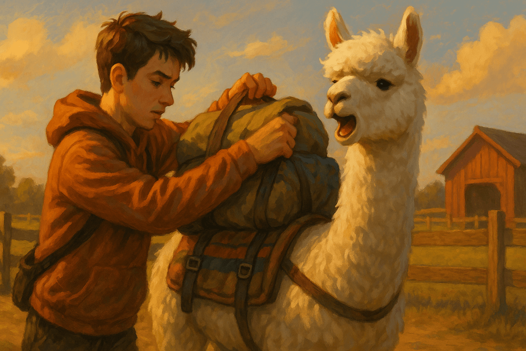 사람이 알파카의 등에 짐을 올리는 상징적인 장면