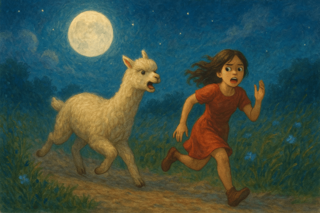 달아나는 사람을 향해 천천히 다가오는 알파카의 상징적 장면