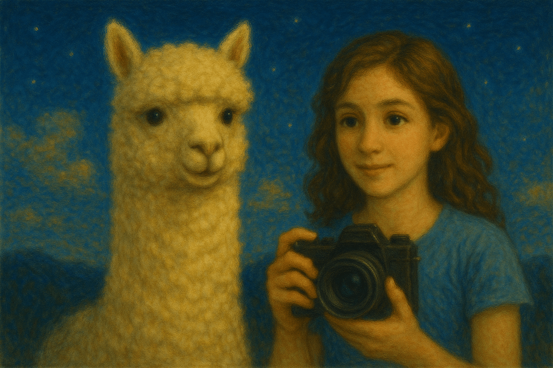 초원 위에서 사람과 함께 사진을 찍는 알파카의 상징적 장면