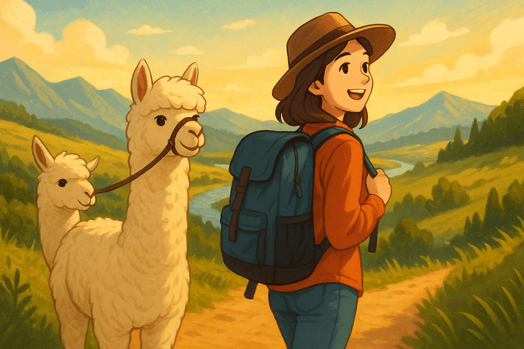 사람과 알파카가 함께 평화로운 여행길을 걷는 상징적 장면