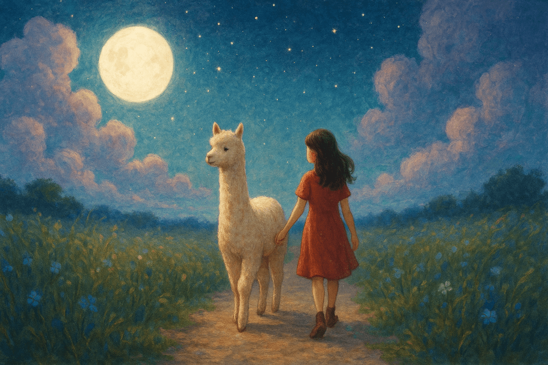 초원 위를 천천히 함께 걷는 사람과 알파카의 상징적 장면