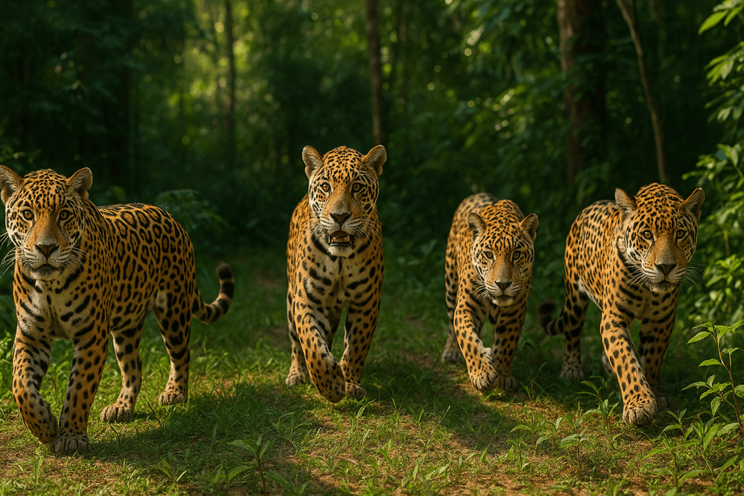 무리를 이룬 여러 마리 재규어의 상징적인 모습