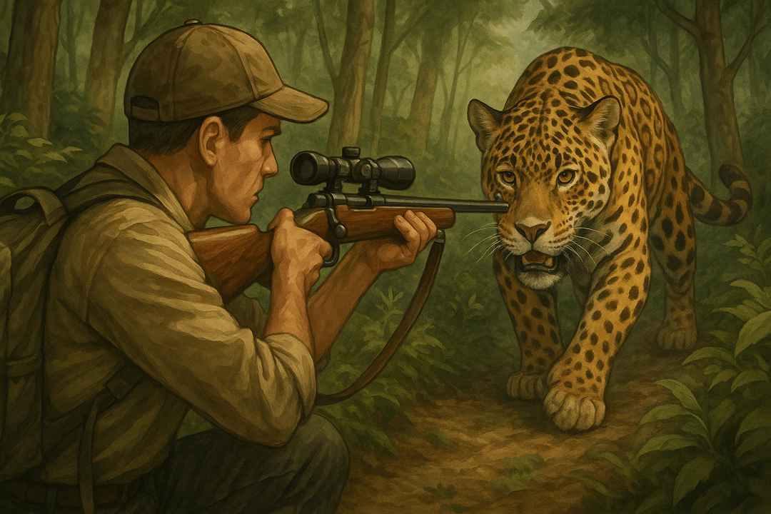 사냥꾼이 재규어를 노리는 상징적인 장면