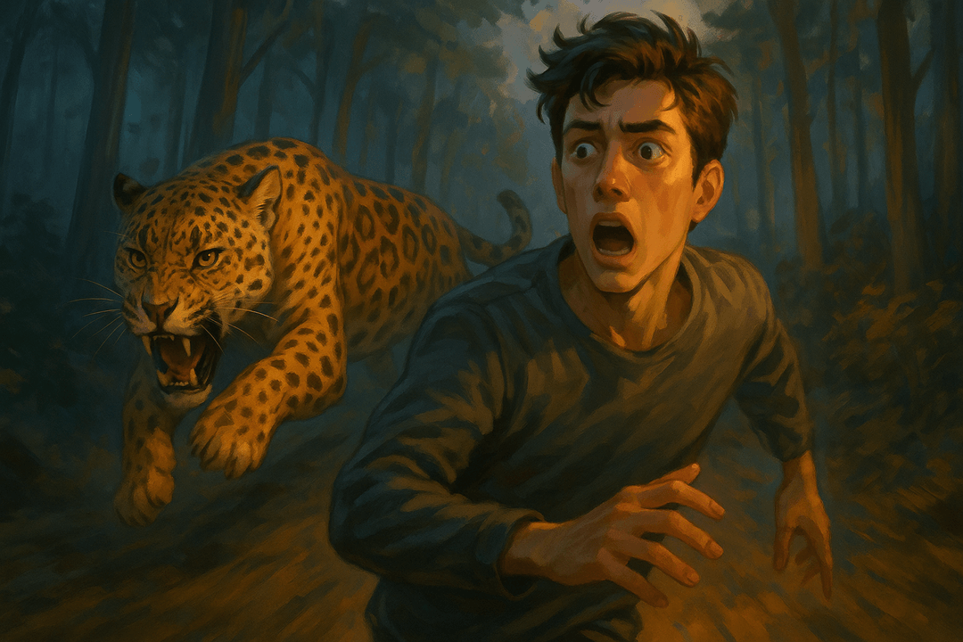 어두운 환경에서 재규어에게 추격당하는 상징적 장면을 표현한 일러스트