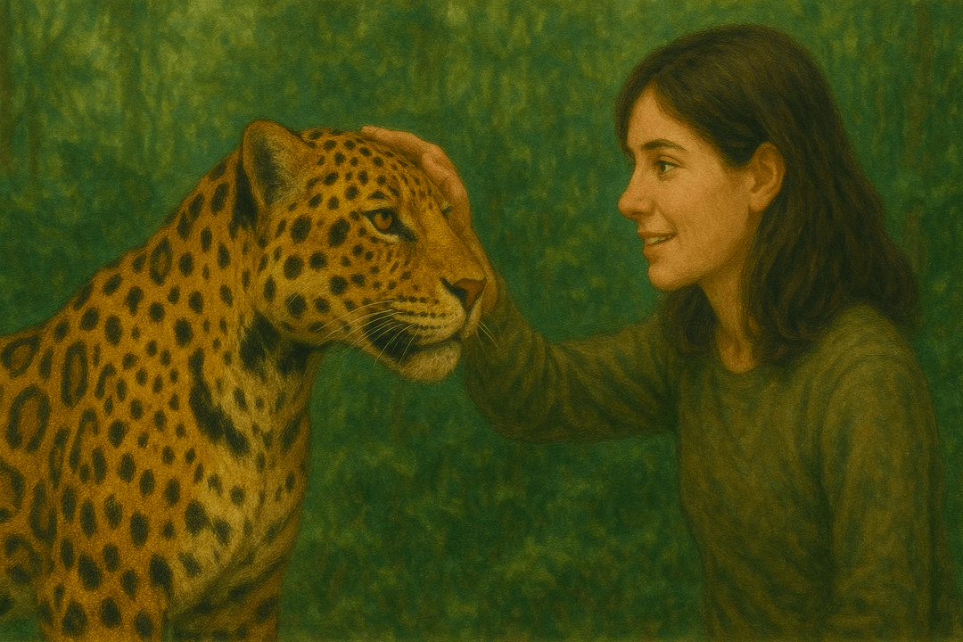 재규어와 사람이 평화롭게 교감하는 상징적 장면