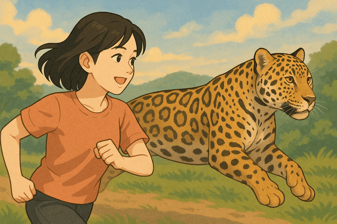 사람이 재규어와 함께 달리는 상징적인 장면