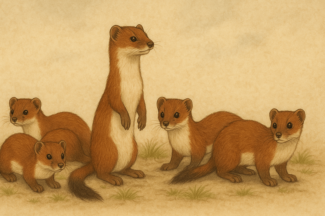 여러 마리의 족제비가 함께 움직이는 상징적인 장면