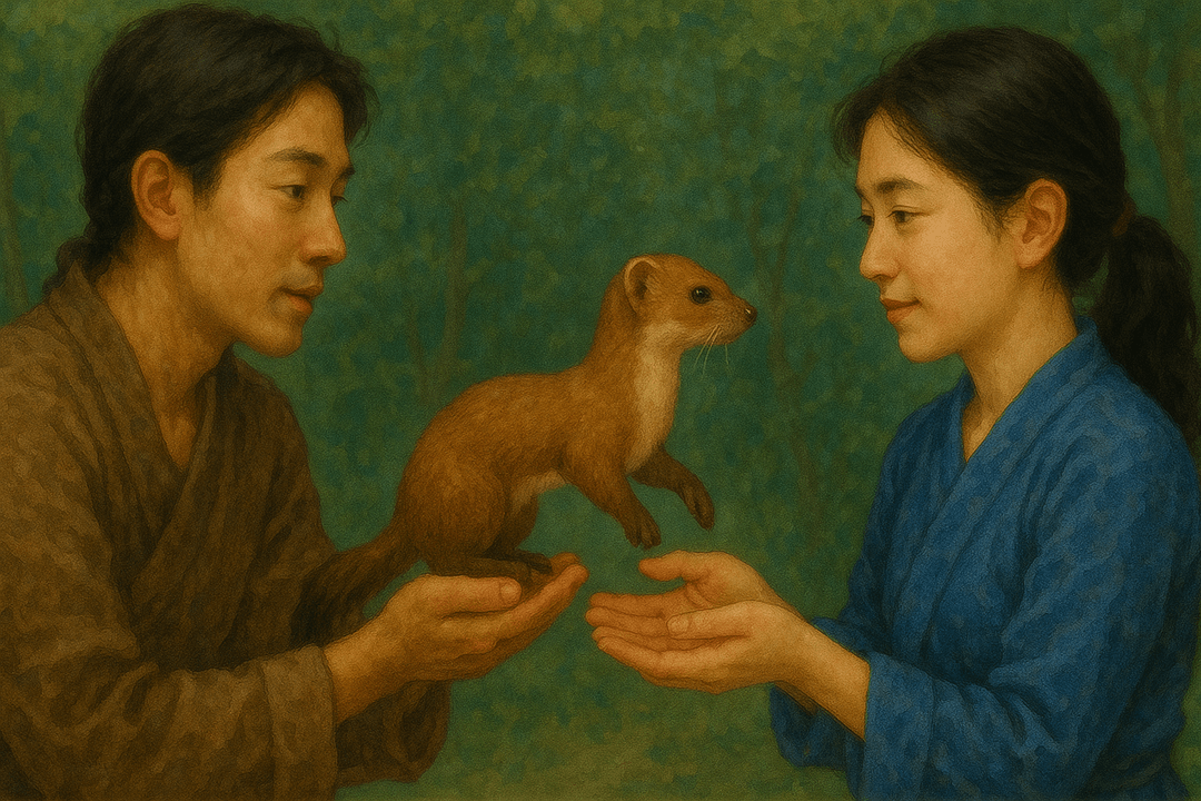 사람이 다른 사람에게 족제비를 건네는 상징적인 꿈 장면