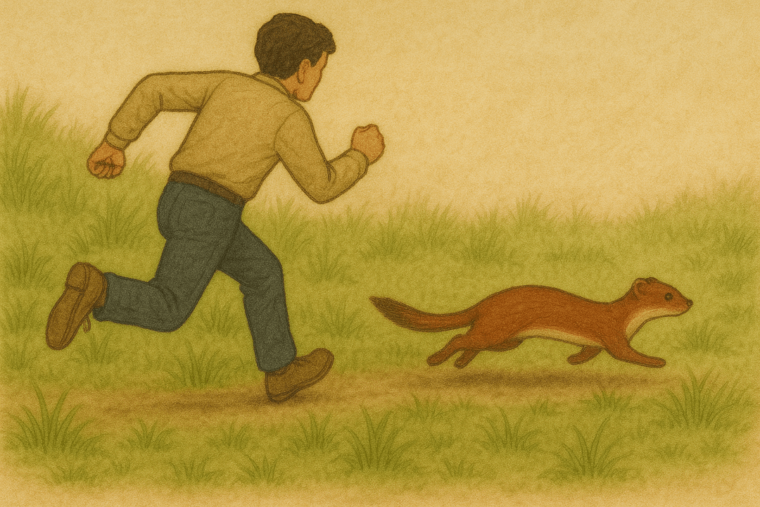 사람이 족제비를 쫓고 있는 상징적인 꿈의 장면