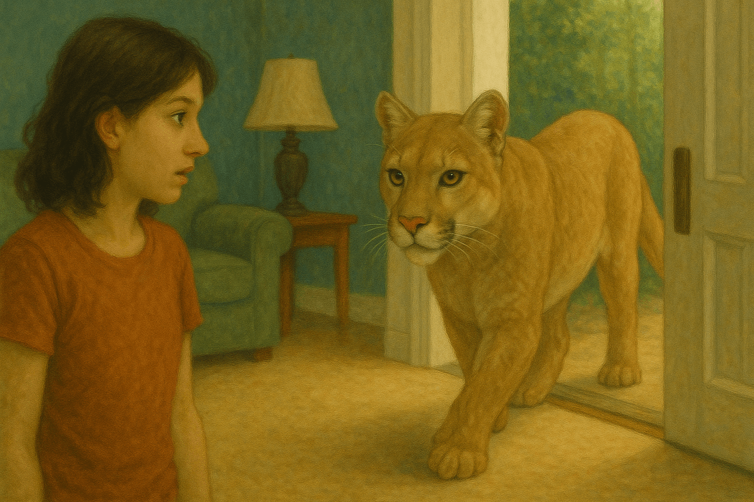 집 안으로 들어오는 퓨마의 상징적 장면