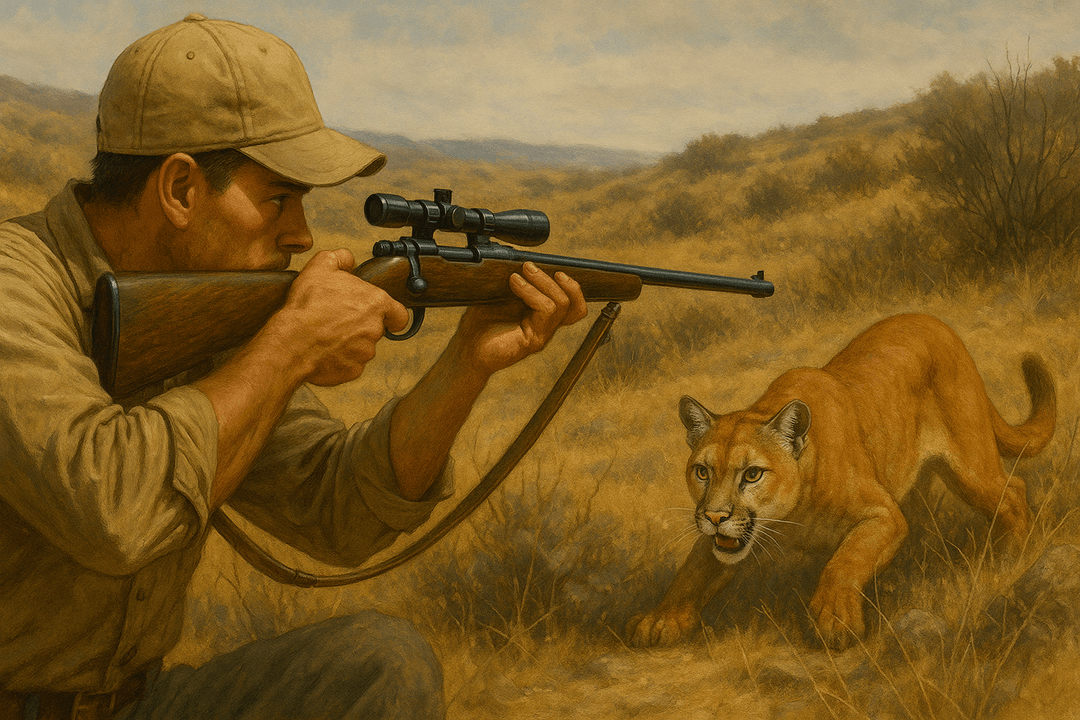 사냥꾼이 퓨마를 추적하며 마주하는 상징적인 장면