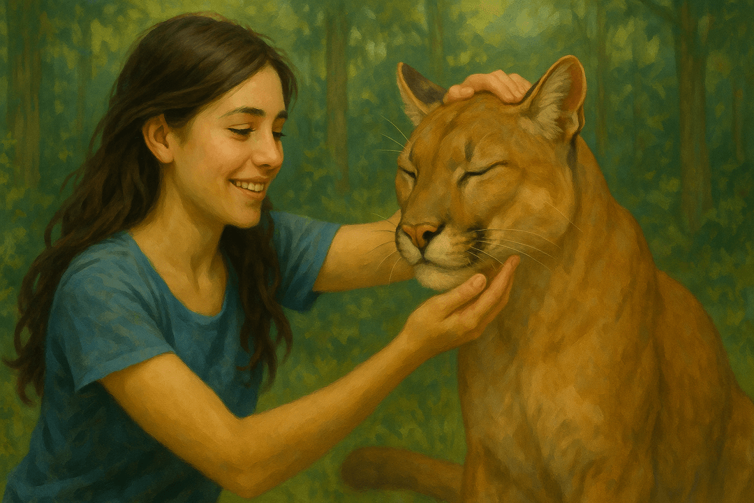 평온하게 앉은 퓨마를 쓰다듬는 사람의 상징적인 이미지