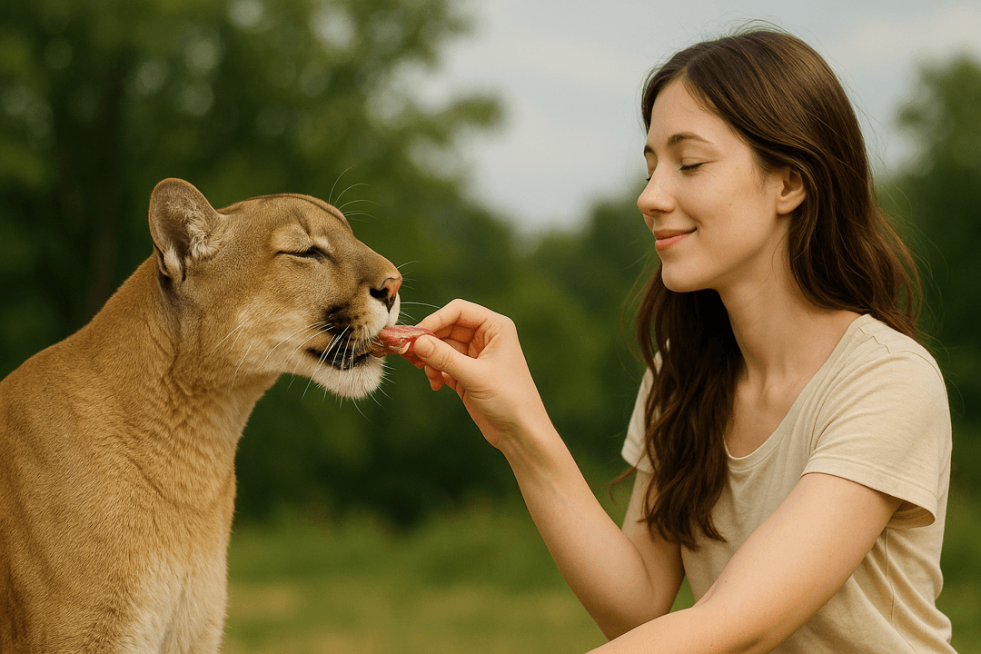 퓨마에게 먹이를 건네는 상징적인 장면의 이미지