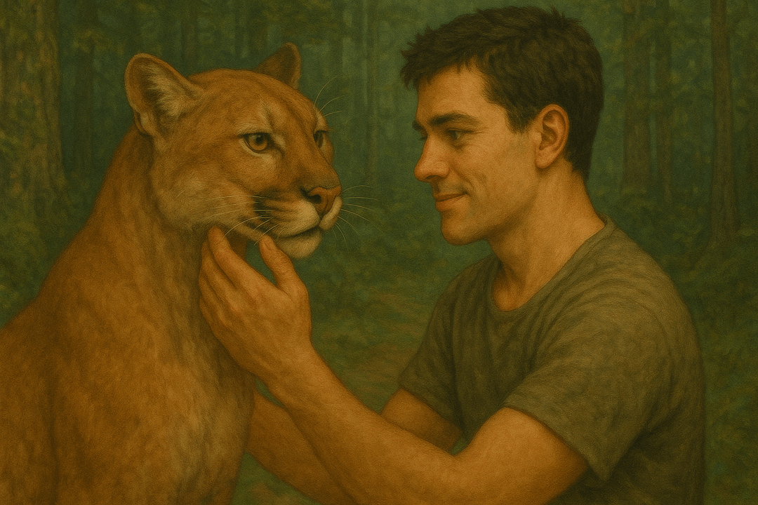 사람이 퓨마와 평화롭게 교감하는 상징적인 장면