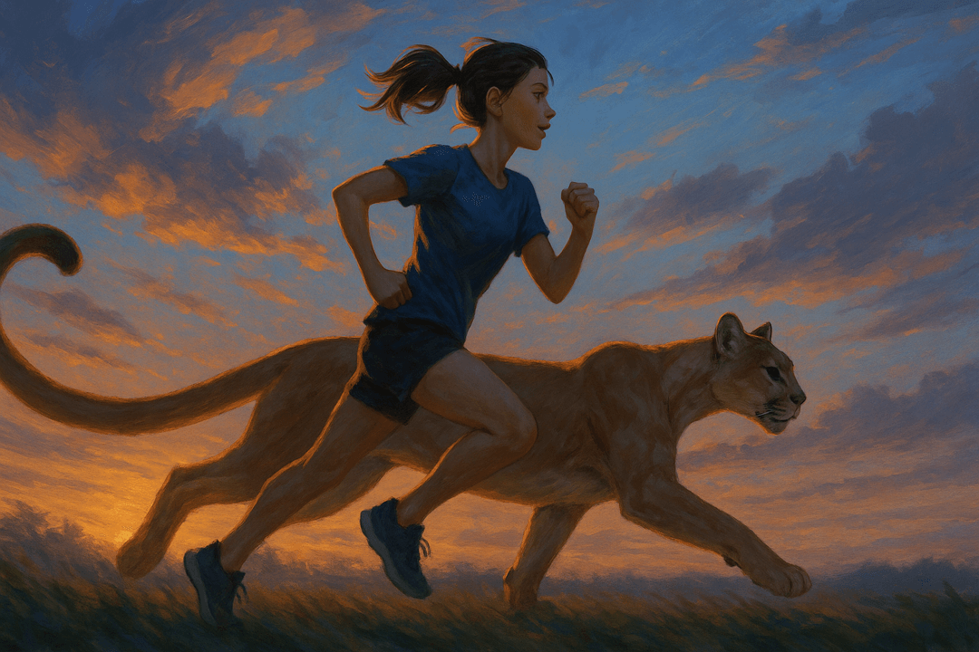 사람이 퓨마와 함께 달리는 상징적인 장면